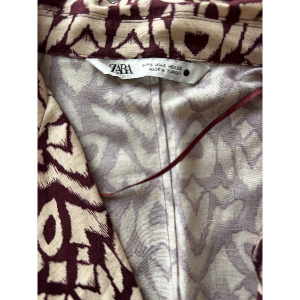 Zara Cropped Blouse Women's Small‎ Burgundy Cream Abstract Twist Front - Picture 4 of 7